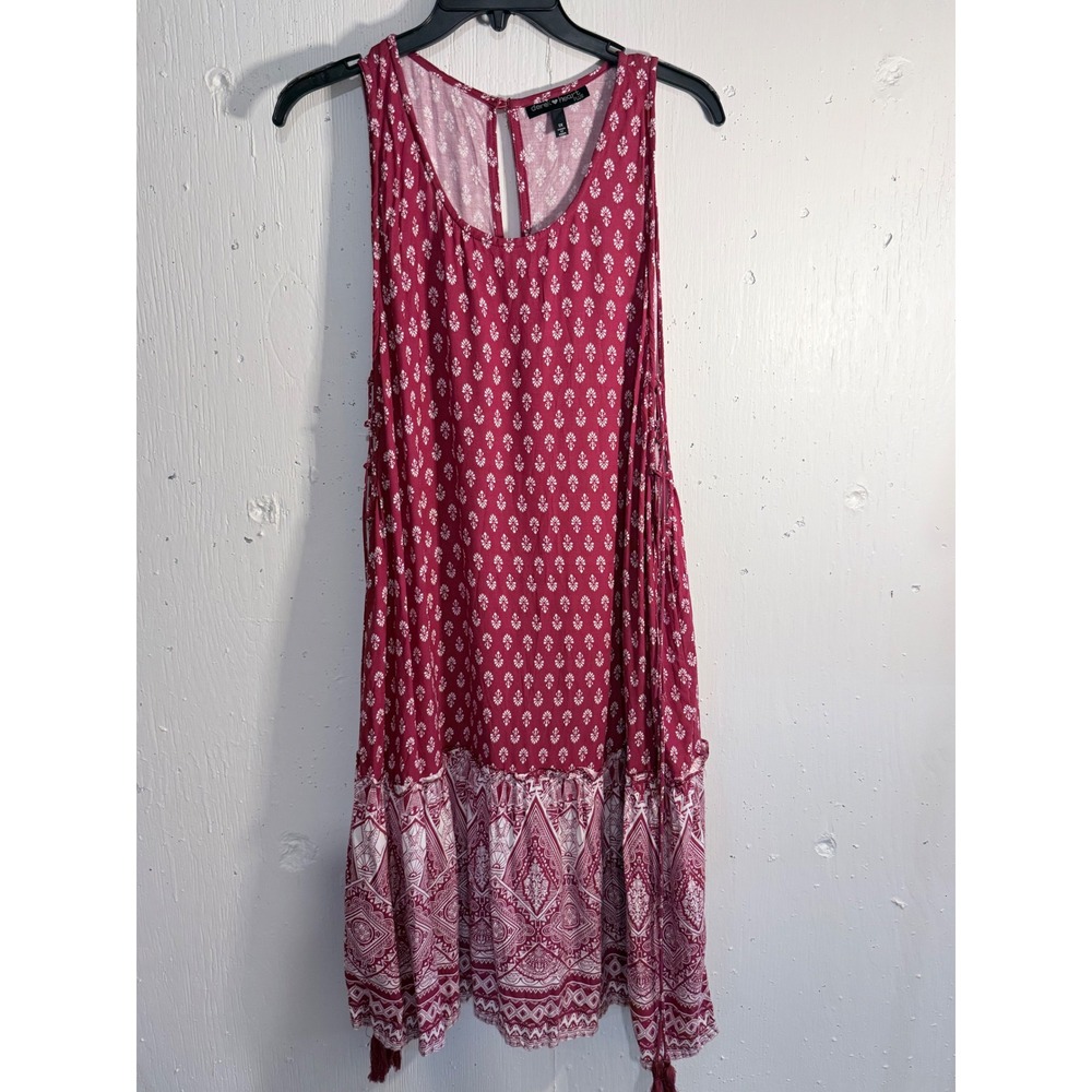Derek Heart Plus Womens 1X Burgundy Boho Mixed Print Lace Up Side Tassel Dress